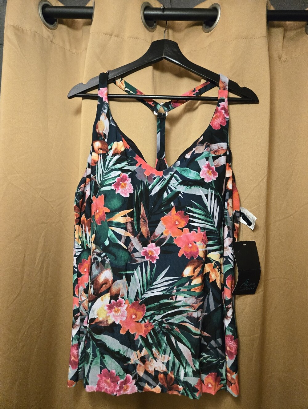 Aqua Green Tropical Floral T-Back Camisole Swim Top Size 26w